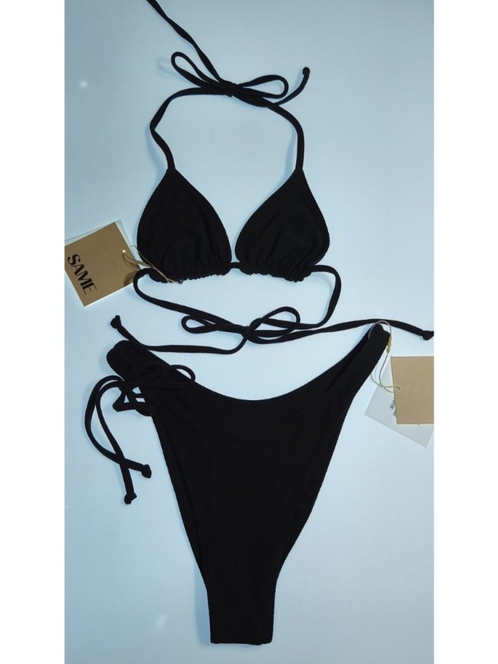 SAME The Label Black Faux Suede Triangle Halter Bikini Set Size S — New with Tag